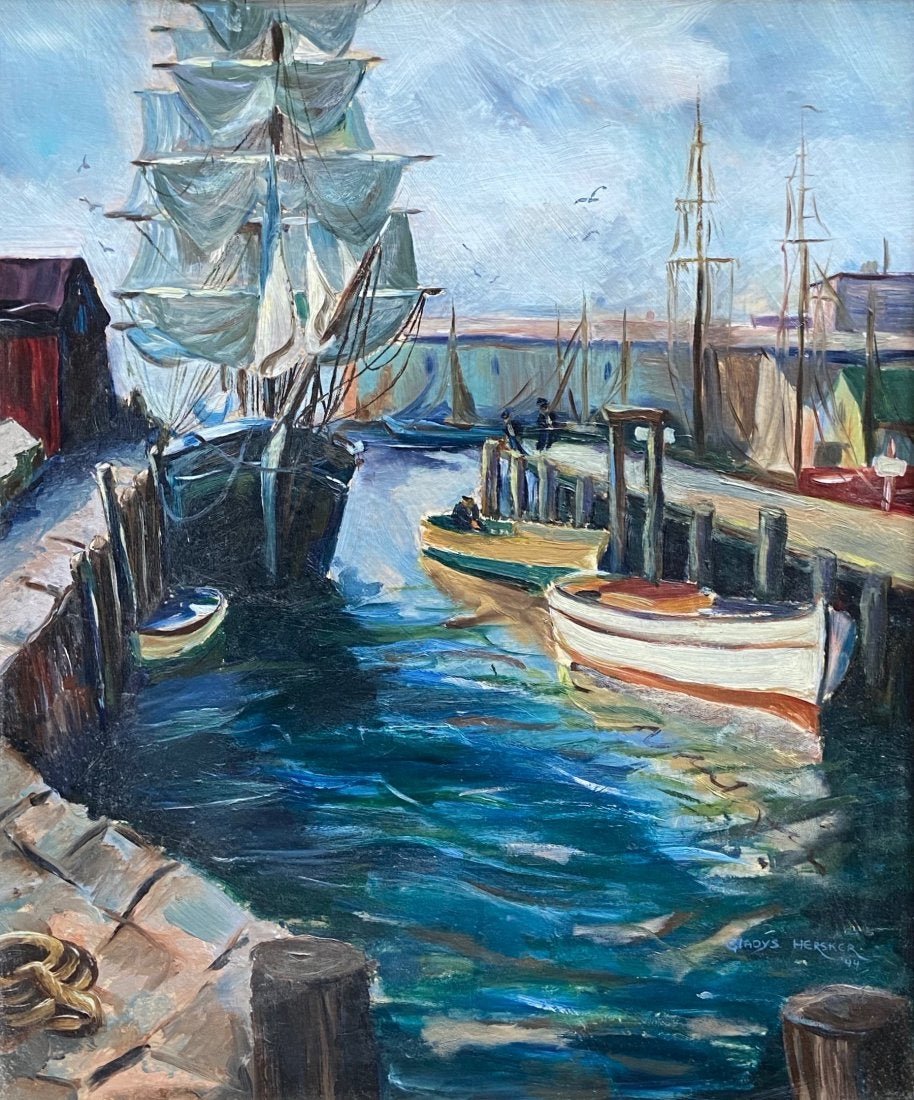 GLADYS HERSKER (20th c, American) Boats In Harbor: Oil on canvas 23 x 19 in., 28 1/4 x 24 1/4 in. (framed). Signed and dated 1944.