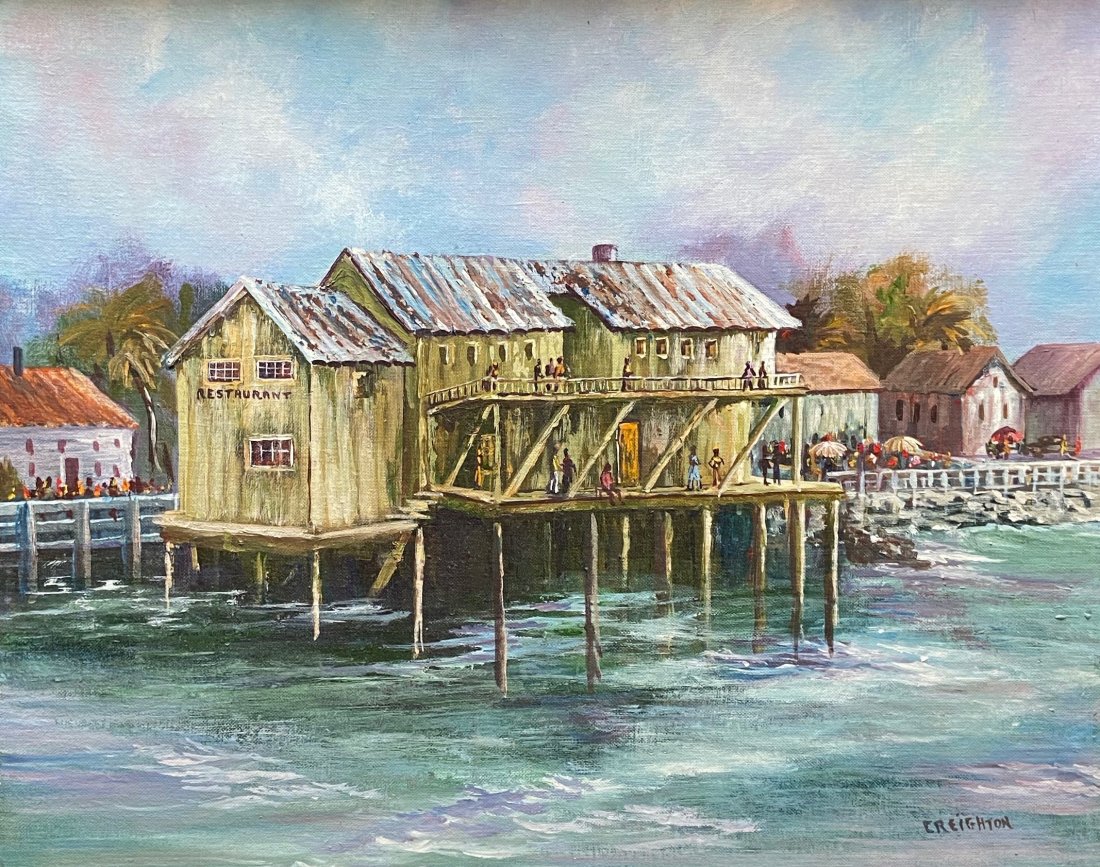 Southern Bayou Scene, Black Figures, Signed Creighton: Oil on board 24 x 20 in., 27 x 23 in. (framed)