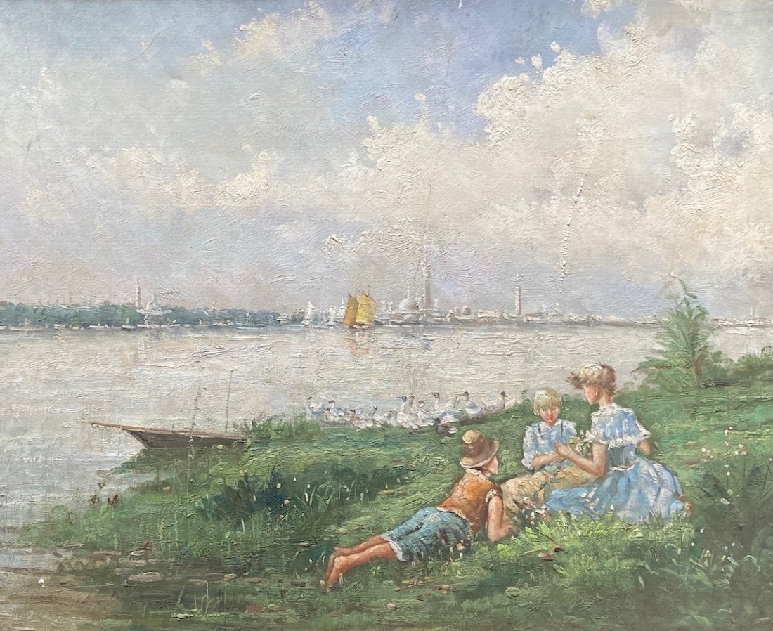 Scene Of Children Playing By Lake, Illegible Signature: Oil on canvas 24 x 20 in., 30 1/4 x 26 1/4 in. (framed)