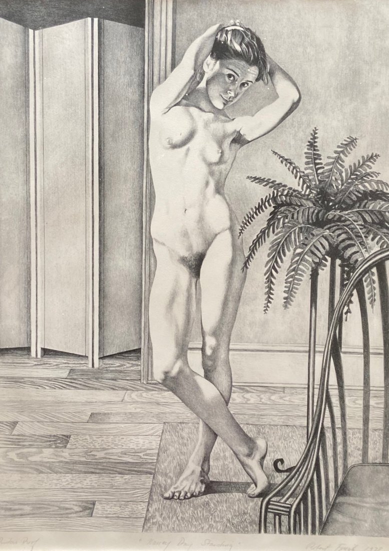 ROBERT FINCH (20th c, Pennsylvania) Nude Lithograph: Pencil signed "Nancy Day Standing" 1978.24 x 18 in. (image), 30 x 23 1/2 in. (framed). Robert Finch, who turns a very youthful 79 in April, attended the Philadelphia College of Art (now the University