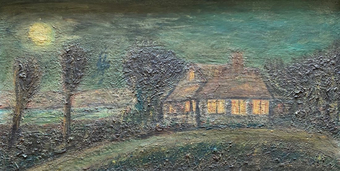 JACOB CHALFIN (20th c, New Hampshire) Impressionist: Exhibited in New Hampshire. Label verso. Oil on masonite 25 x 13 1/2 in., 30 x 18 1/2 in. (framed)