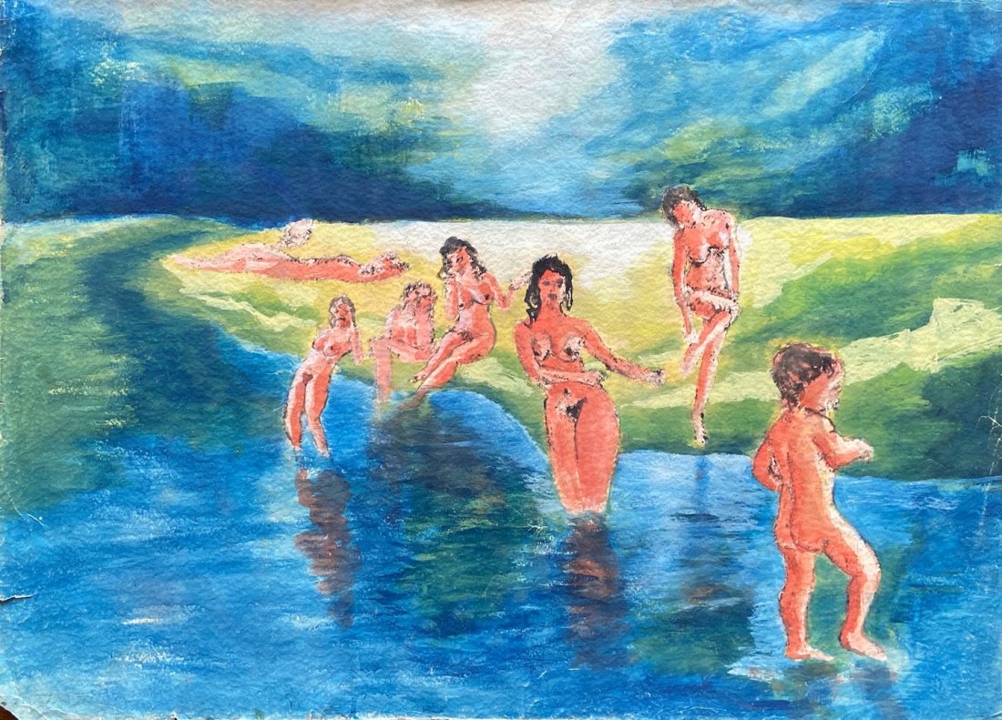 MILAN KLIMES (20th c, Czech Republic) Nudes Bathing: Gouache on paper 25 1/2 x 25 1/2 in.