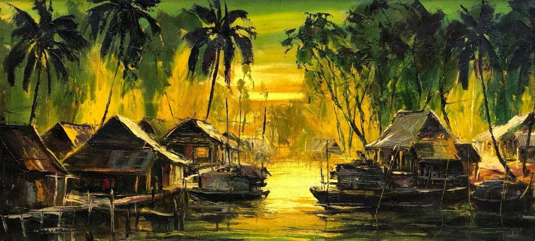 Impressionist Southeast Asian Harbor Scene, Signed (1 of 4)