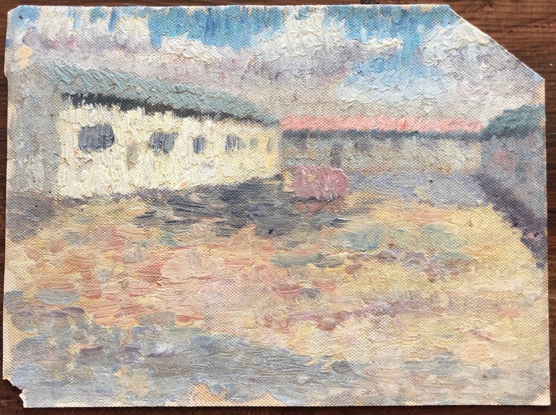French Impressionist Landscape \"les baraques de la: Oil on canvas 10 1/4 x7 3/4 in. Initialed AB