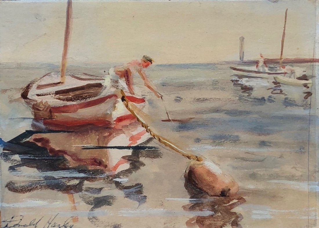 DONALD HAZLEY (20th c, American) Impressionist: Harbor scene 8 x 7 in. Unframed