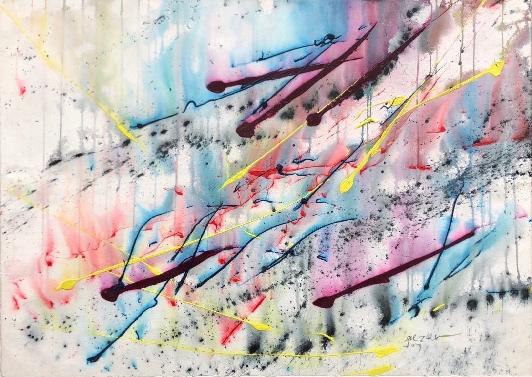 Abstract Expressionist Painting Illegible Signature '79: Mixed media on paper 31 1/2 x 22 1/2 in. NYC gallery stamp verso