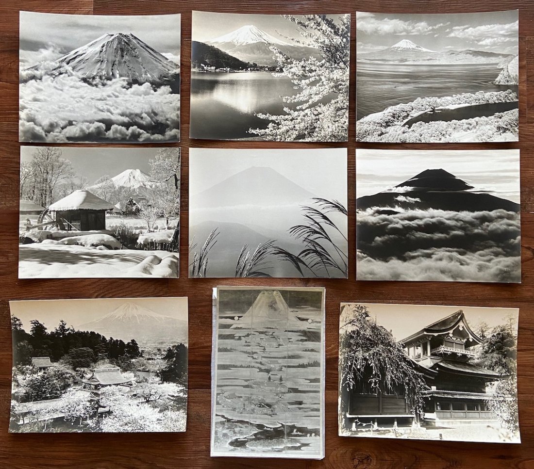 KOYO OKADA, Mount Fiji Photographs: 9 total photographs. There is also a numbered list of 6 in an envelope. Bind stamp in bottom right corner of 6 of them. The others do not have a stamp or signature. The six measure 10 7/8 x 8 7/8 in.,