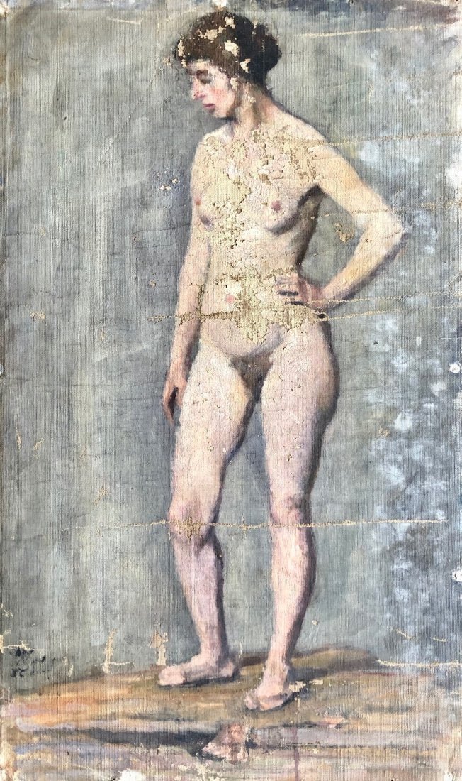BERTHA DE HELLEBRANTH (20th c, American) Nude: Oil on canvas 19 1/2 x 18 in. Loose canvas, needs restoration. From the artists estate.