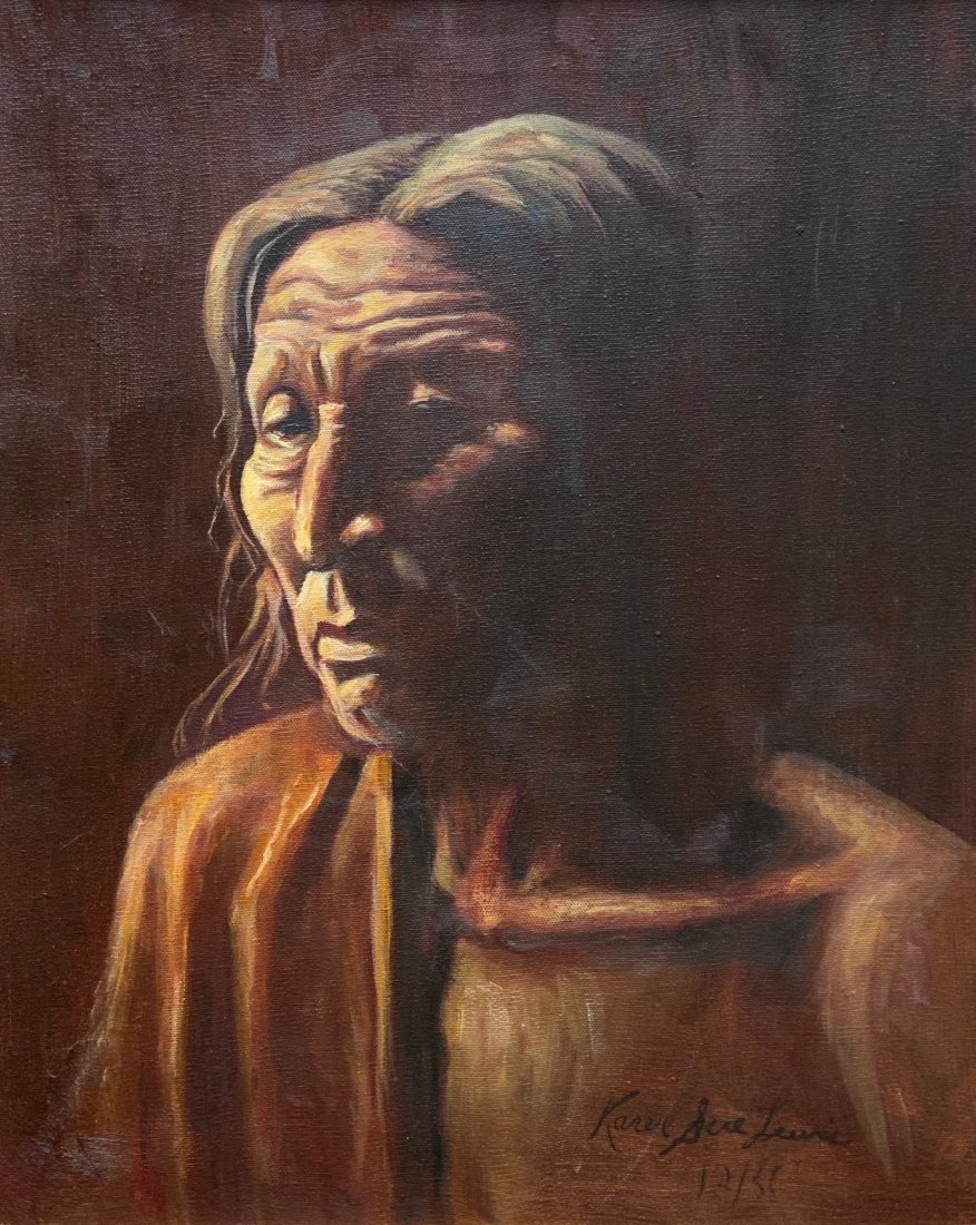 Impressionist Portrait Of A Native American, Signed: Looks like Karen Sue Lewis. Colorado gallery stamp on back. Oil on canvas 20 x 16 in., 24 x 20 in. (framed)
