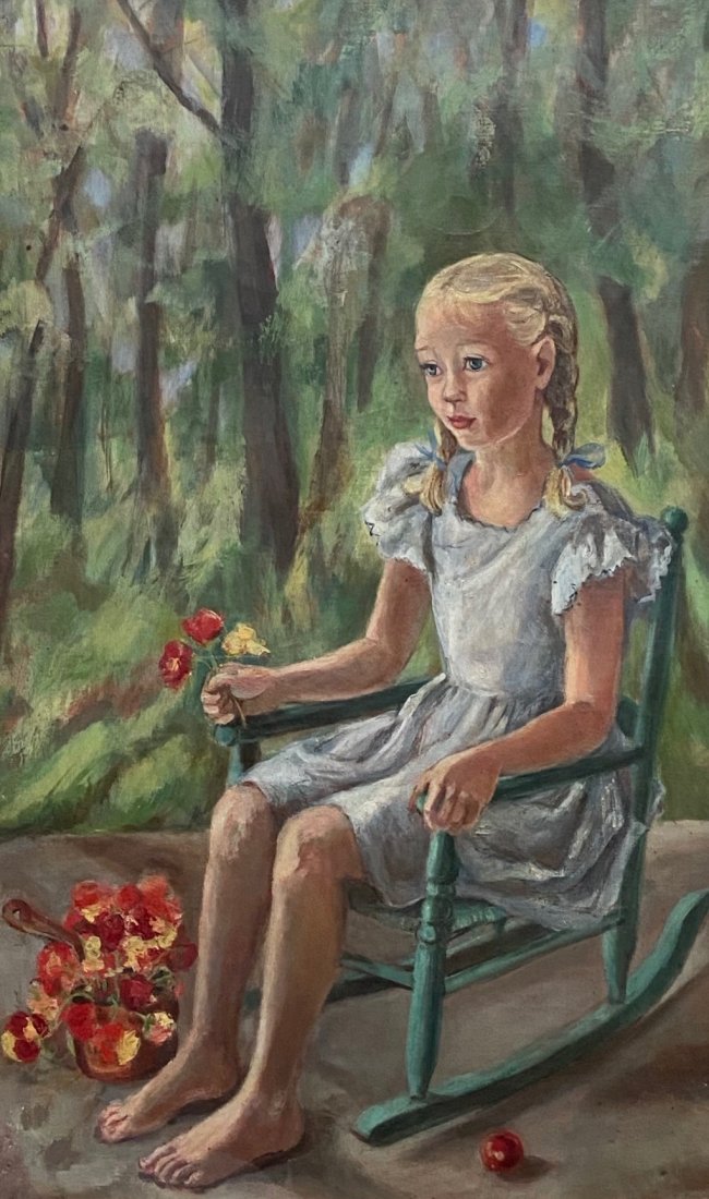 Impressionist Portrait Of Seated Girl With Flowers: Early 20th century (possibly earlier). Looks like oil on canvas under glass. Unsigned 24 1/2 x 14 1/2 in. (sight), 34 x 24 in. (framed)
