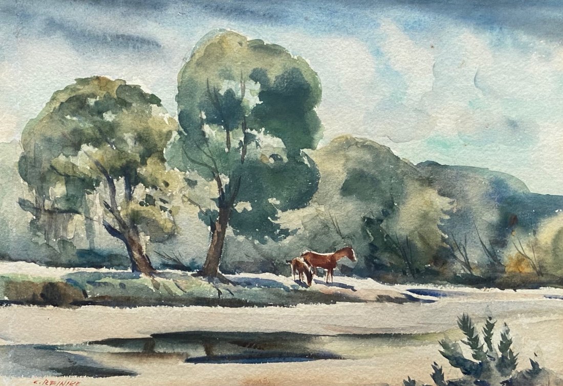 CHARLES REINIKE (1906-1983, Louisiana) Watercolor: Landscape. Watercolor on paper 9 3/4 x 6 3/4 in. (sight), 15 1/2 x 12 1/2 in. (framed). From askart.com: Charles Reinike, a native New Orleanian, studied at the Gradhan School of Art in New Orleans an