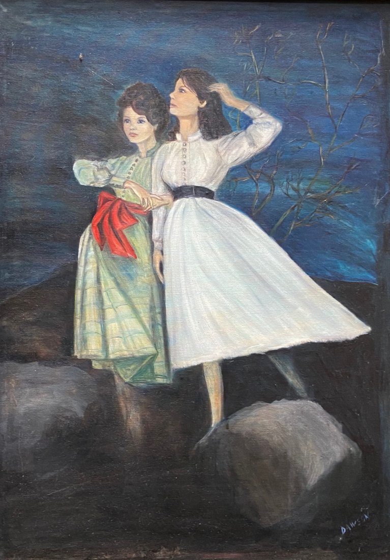 1940's American Portrait Of Women In Landscape, Signed: Looks 1930's-1940's dress. Signed Dawson? Oil on board 35 1/2 x 25 1/2 in., 39 x 29 in. (framed).
