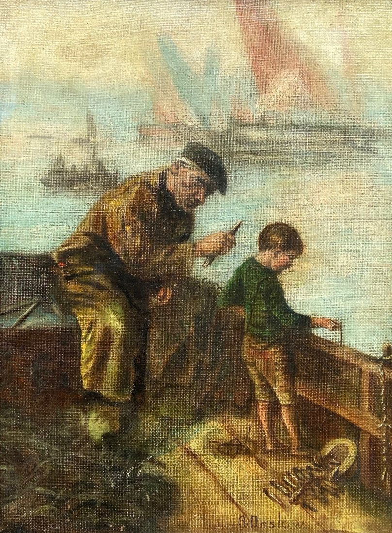 19th Century Harbor Scene Of Boy Fishing, Signed Onslow (1 of 4)