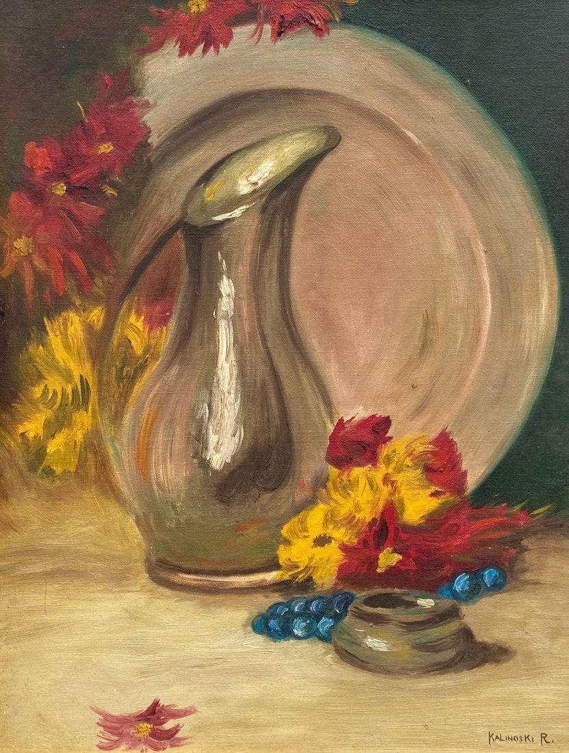 Polish Impressionist Still Life Signed R. Kalinoski: Oil on canvas board 18 x 14 in., 21 3/4 x 17 3/4 in. (framed).