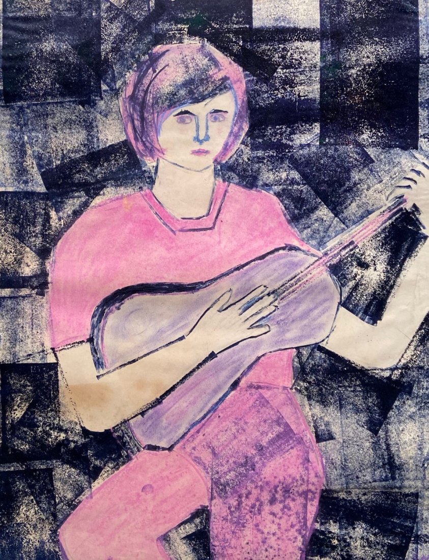 SELMA MICHAELS (20th c, American) Cubist Musician: Mixed media on paper 22 x 17 in. Guitar player