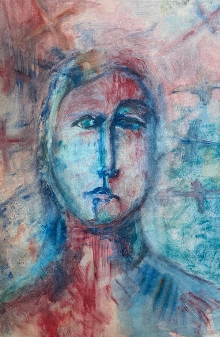 JOAN PEARSON (20th c, American) Expressionist Portrait: Oil wash on paper 24 1/2 x 16 1/2 in.