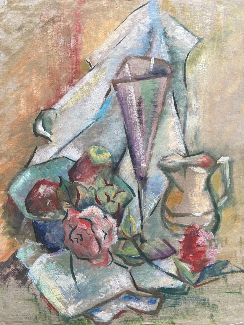 DORIS MEYER (b. 1923, San Francisco) Still Life: Modernist still life. Oil on paper 25 x 19 in. Doris Hoag Clark was born in Toronto, Canada on January 10, 1923. Her family moved to Texas where Doris attended and graduated from the Rice Institute (n