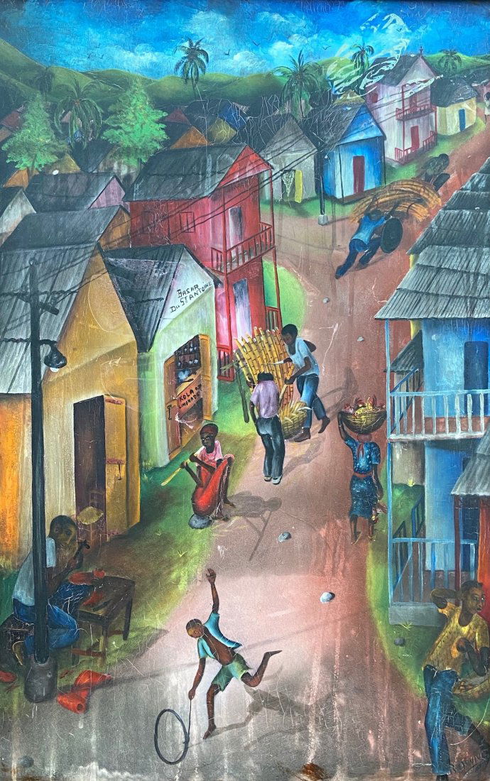 Mid-Century Haitian Village Street Scene, Signed (1 of 4)