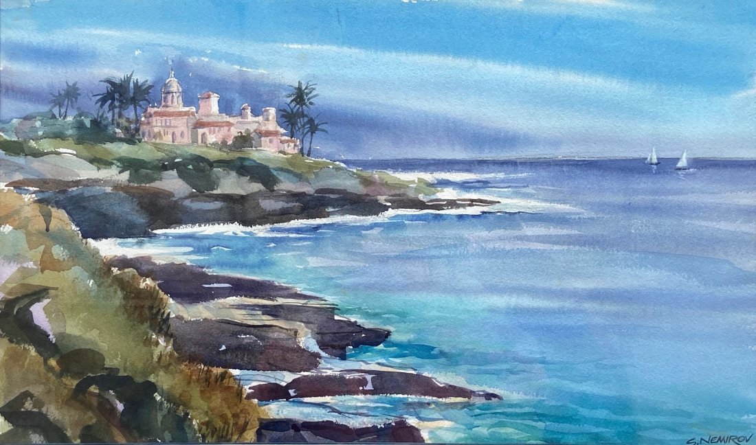 SIDNEY NEMIROV (20th c, California) LA Jolla: Watercolor on paper 19 x 11 in. (sight), 25 1/4 x 18 1/4 in. (framed)
