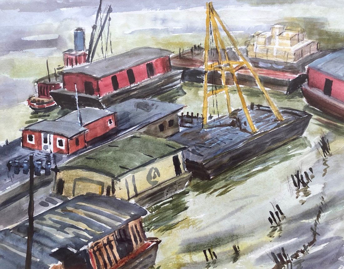Modernist Watercolor, Harbor Scene Of Tugboats Unsigned (1 of 3)