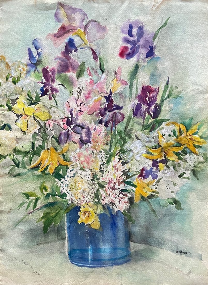 OLIVE STONER (20th c, Pennsylvania) Flowers: Still life. Watercolor on paper 26 1/2 x 19 1/2 in.