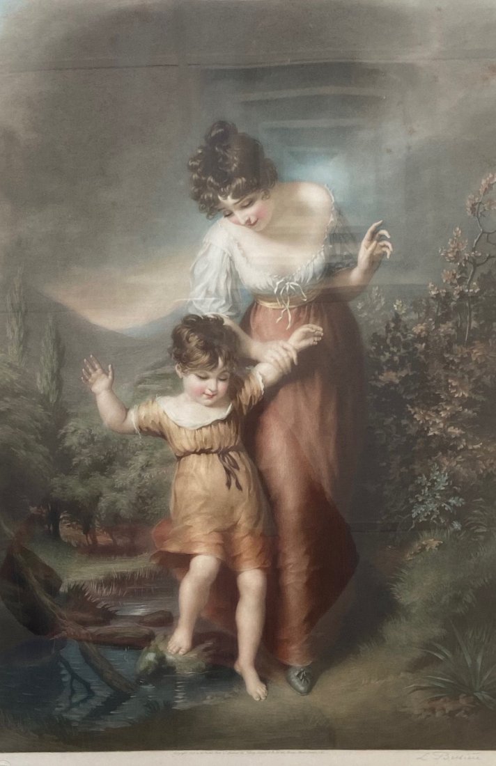 Antique Colored Mezzotint, Mother & Child, Signed (1 of 5)