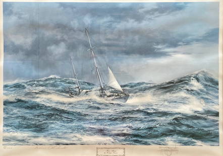 Montague Dawson, Horn Abeam, Chichester's Yacht: Pencil signed. Horn Abeam, Sir Francis Chichester's Yacht. 30 x 20 in., 40 1/2 x 31 1/2 in. (framed).