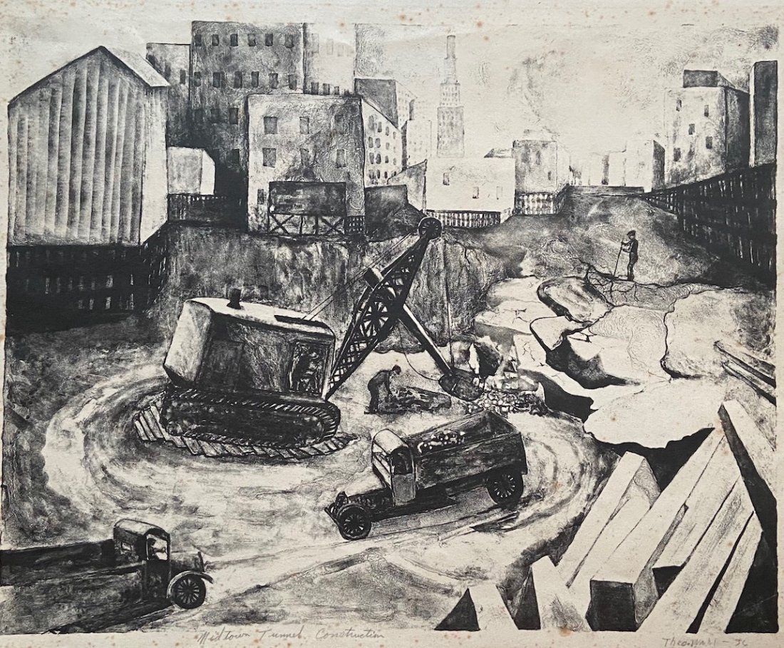 THEODORE WAHL, Midtown Tunnel Construction NYC, WPA: Pencil signed lithograph 14 1/4 x 11 1/4 in. (image)