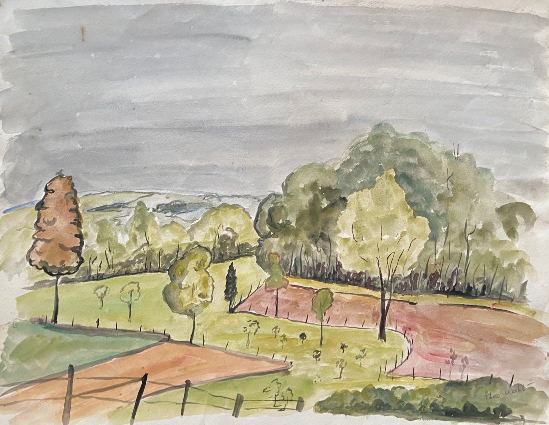 THEODORE WAHL (1903-1990, NJ) WPA Landscape: Watercolor on paper 16 3/4 x 13 3/4 in. Theodore Wahl was born on December 18, 1903 in Dillon, Kansas. He graduated from Abilene High School in 1925 and spent a year teaching in a one-room school hous