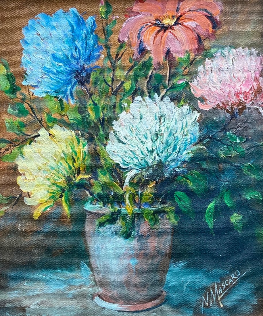 20th Century Impressionist Still Life Of Flowers Signed: N. Mascaro. Oil on board. 11 1/4 x 9 in. (sight), 14 2/3 x 12 3/4 in. (framed)