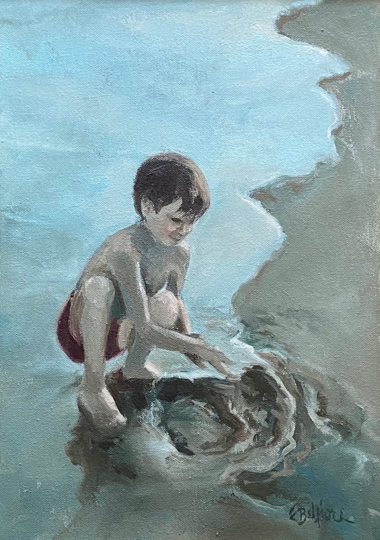 EDITH BELFIORE (1914-2008, Philadelphia) Boy At Beach: Oil on canvas 14 x 10 in., 20 1/4 x 16 1/4 in. (framed). Edith Reeder Belfiore, 94, of Wallingford, an artist and a shop owner, died of kidney failure Sept. 19 at Riddle Memorial Hospital in Media.Mrs