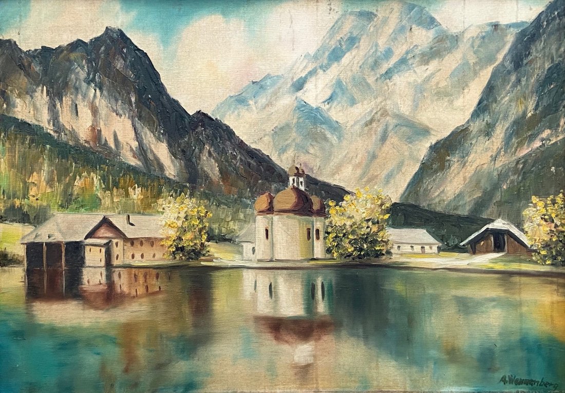 Early 20th European Mountain Landscape, Signed: Oil on canvas 27 1/4 x 19 1/4 in., 35 3/4 x 27 3/4 in. (framed)