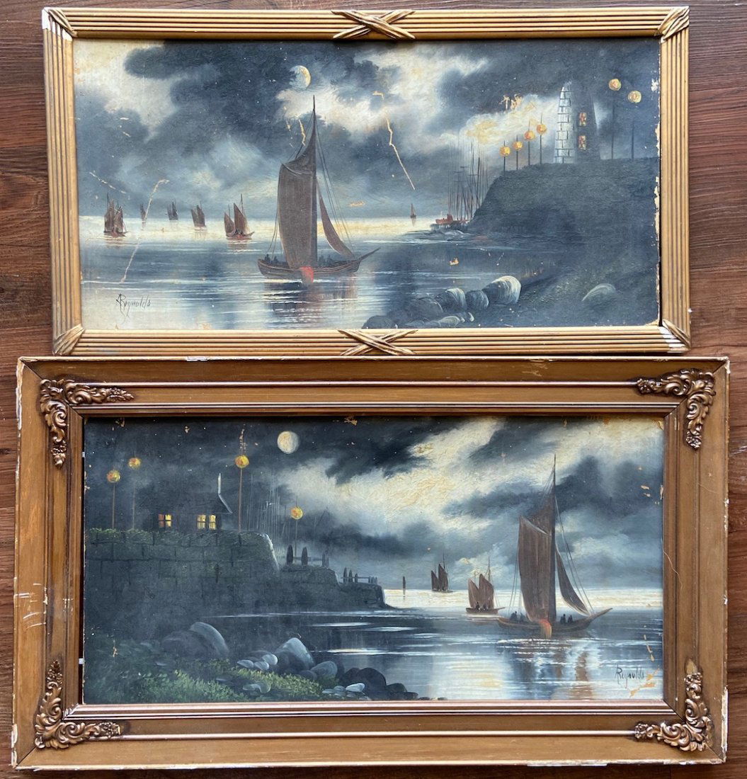 Pair Of Early Marine Harbor Paintings Signed Reynolds (1 of 3)