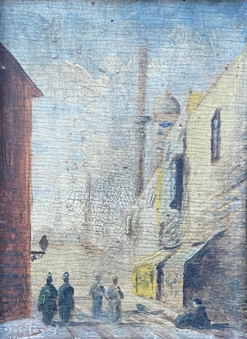 Antique Orientalist Street Scene Illegible Signature: Oil on wood 4 1/4 x 3 1/4 in.