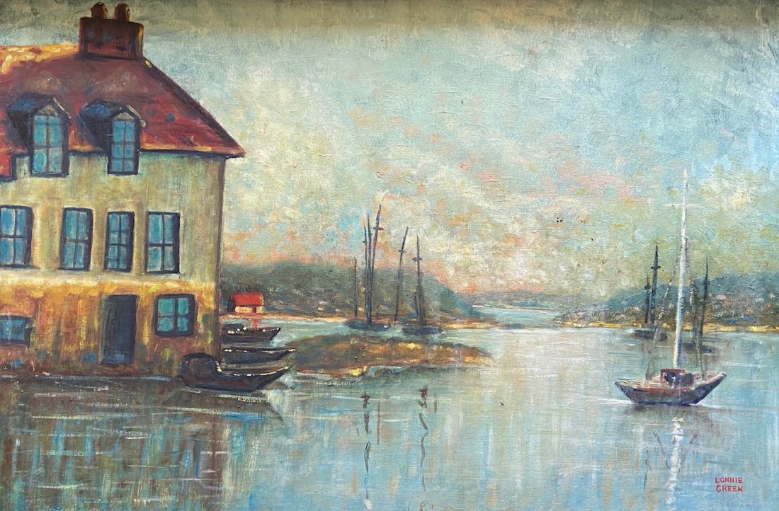 LONNIE GREEN (20th c, American) Harbor Scene: Impressionist oil on board 36 x 24 in., 38 3/4 x 26 3/4 in. (framed)