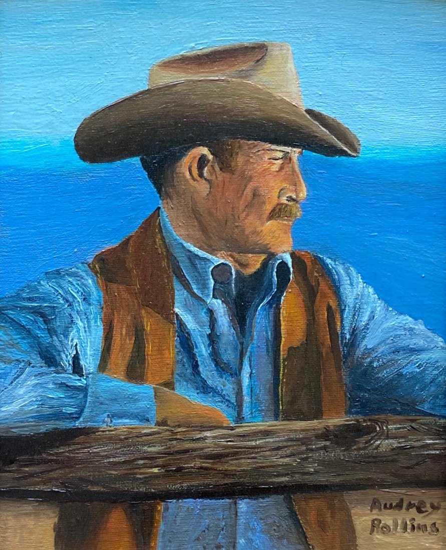 AUDREY ROLLINS (20th c American) Blue Denim Sunset: Oil on canvas board 10 x 8 in., 15 x 13 in. (framed)