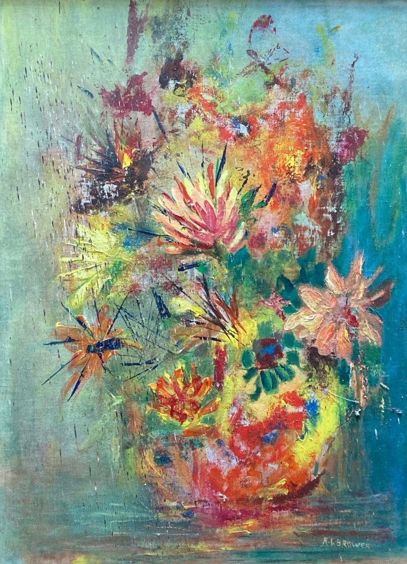RL BROWER (20th c, Silver Spring, MD) Floral Still Life: Impressionist. Acrylic on board. 24 x 18 in. 31 1/2 x 25 1/2 in. (framed).