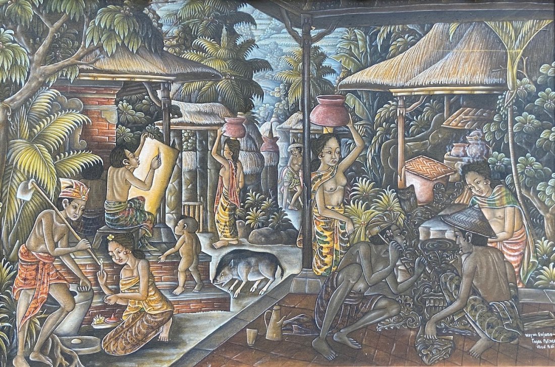 WAYAN SUJENA ( 20th c, Indonesia) Teges Peliatan: Bali, Indonesia. Oil on canvas 25 3/4 x 18 in. (framed)