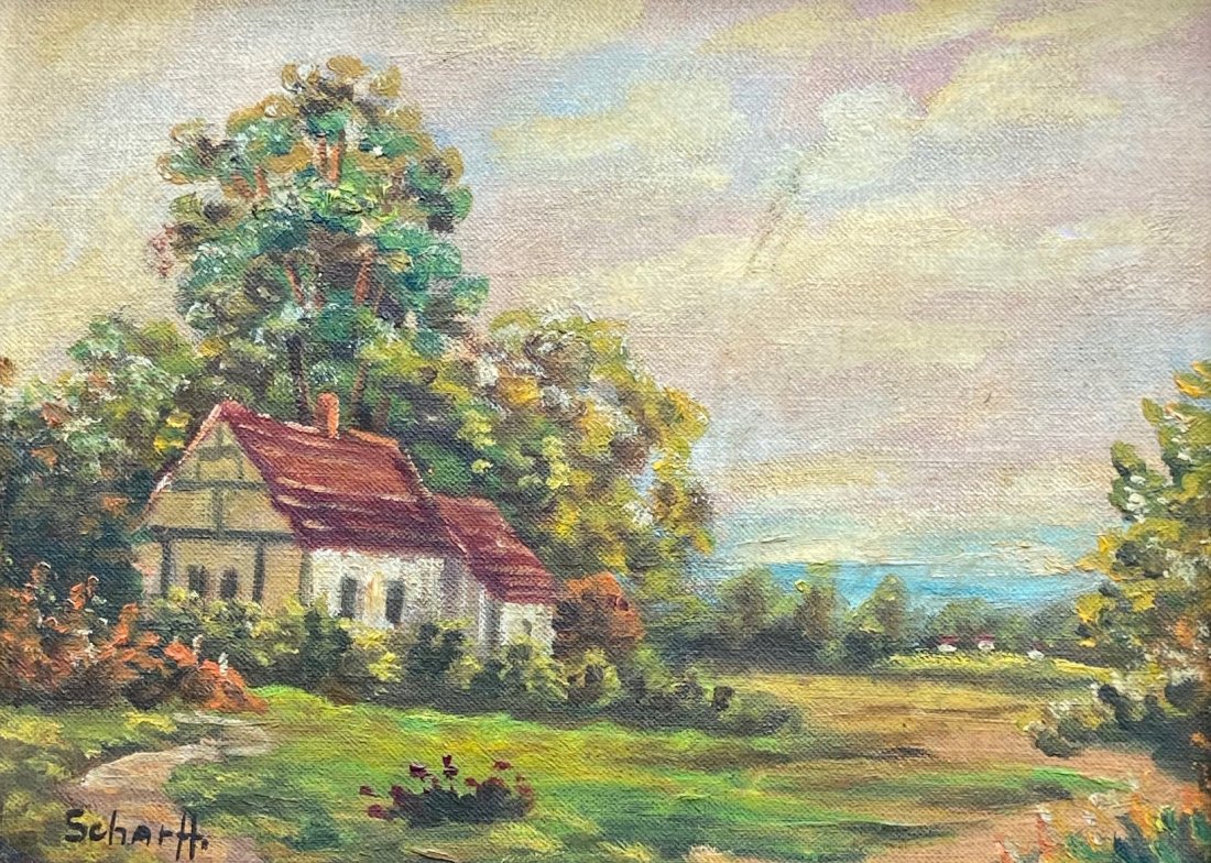 ERNA S. SCHARFF (1895-1992, New York) Landscape: Oil on board 12 x 9 in., 16 1/4 x 13 1/2 in. (framed). According to New York State Court Records and Social Security Records Erna S. Scharff was born Erna Kuhn in Landau Germany on September 9, 1895 a