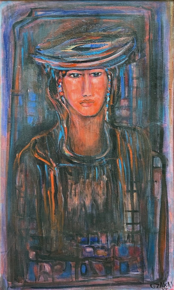 CATHERINE ZAKAS (b. 1936, Greece) Modern Portrait: "Lady" Oil on canvas 39 1/4 x 23 1/2 in., 40 x 24 1/2 in. (framed). From the estate of Eli Jacobs, former owner of the Baltimore Orioles.