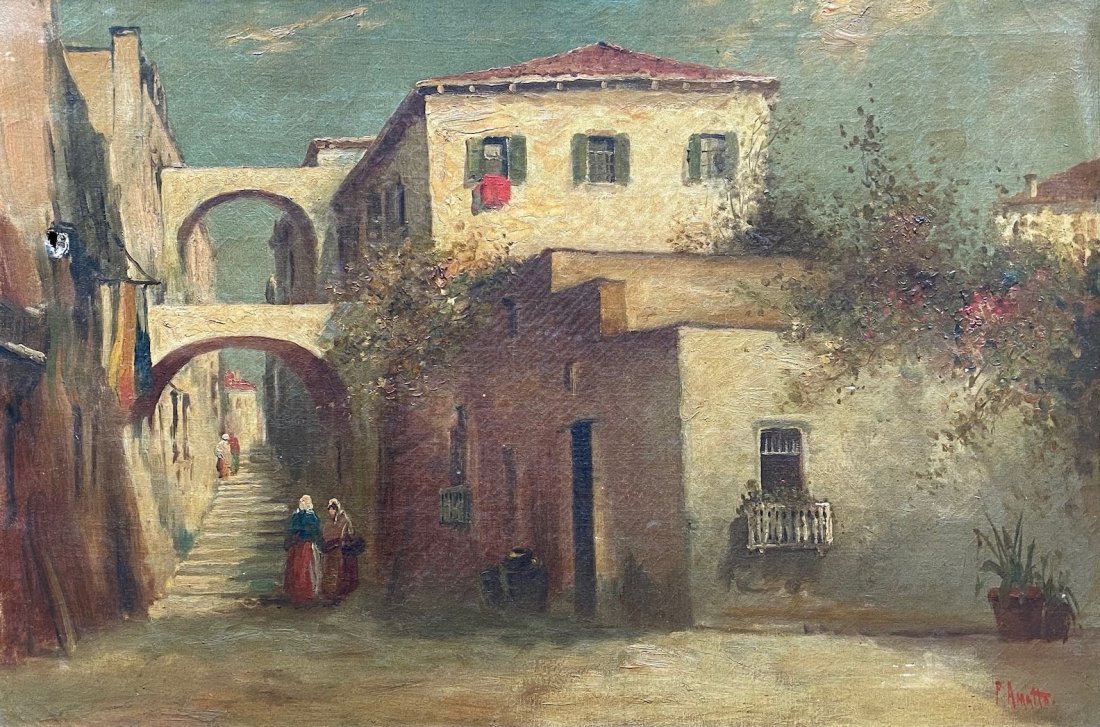 Impressionist Italian Village Scene Signed P. Amatto: Oil on canvas 24 x 26 in., 20 x 20 in. (framed)