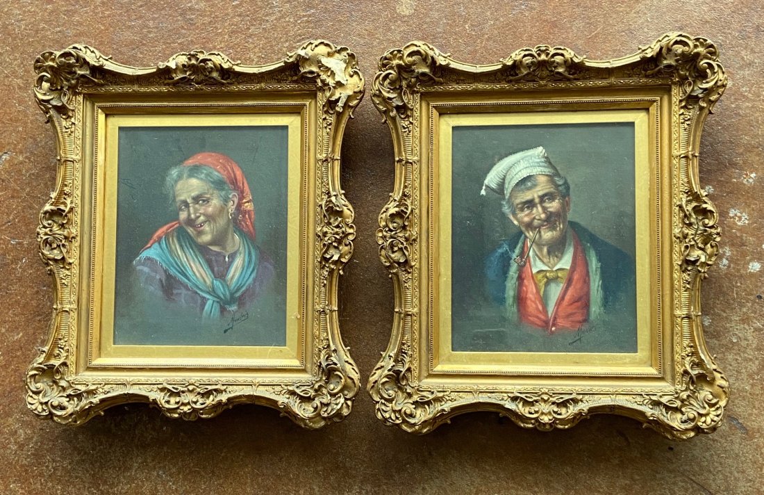 FILIPPO MARATONIO (1863, 1890, Italy) Portraits: Oil on canvas 10 x 8 in., 16 1/2 x 14 1/2 in. (framed). Nice heavy antique gesso frames