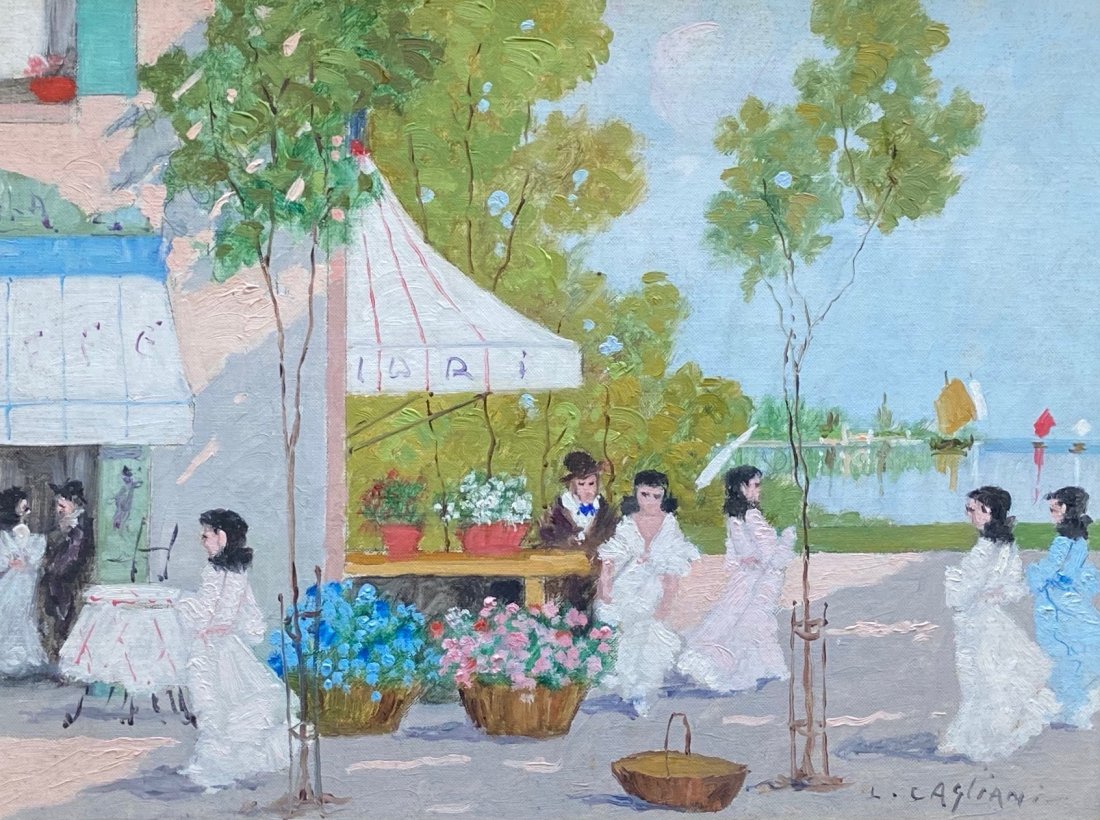 LUIGI CAGLIANI (1010-1987, Italy) Flower Parket: Oil on canvas 16 x 12 in., 22 x18 in. (framed). Luigi Cagliani was an Italian Impressionist who worked in the first half of the 20th century. Italian sources note that he was active in Lombardy, which