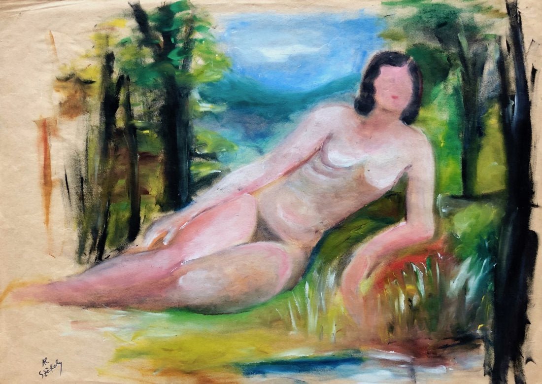 ALEXANDER SZEKELY (1901-1968, Hungary) Nude: Reclining nude. Budapest artist who also spent time in Vienna and Paris. Painted between 1920-140. Oil on paper, 24 x 17 in.