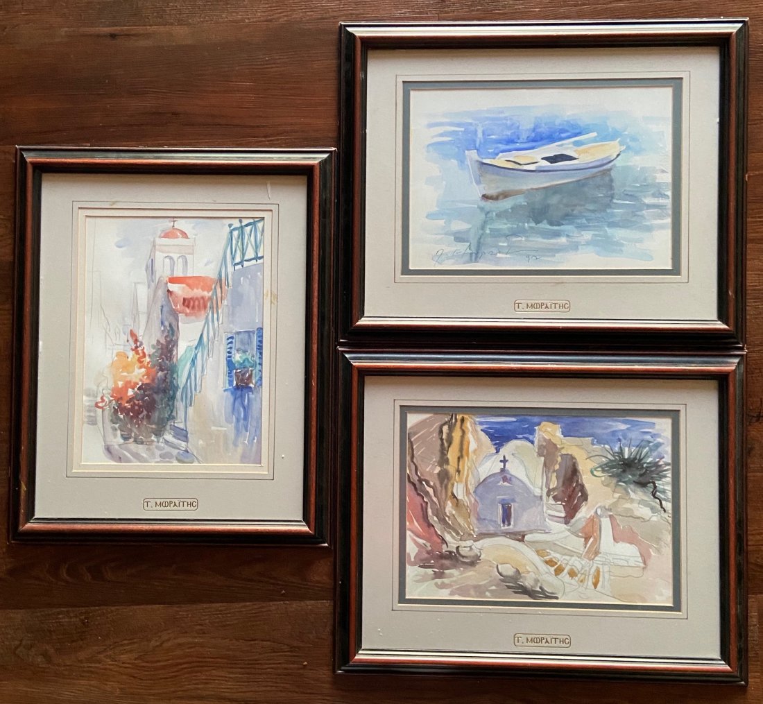 TAKIS MORAITIS (b. 1944, Greece) Island Watercolors: Mykonos, Zakynthos, and Santorini. 13 x 9 in., 20 1/2 x 16 1/2 in. (framed). From askasrt.com: Takis Moraitis hails from Cephallonia and Milos, taking up residence in Piraeus at the end of the sixties