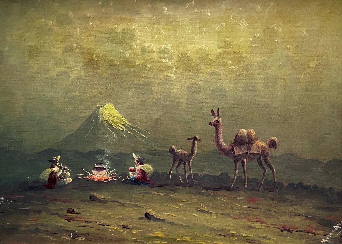 HECTOR MONCAYO (1895-1984, Ecuador) Landscape: Oil on canvas 22 x 16 in., 24 1/2 x 18 1/2 in. Patriarch of the \"Moncayo Painters\" of Ecuador, he attended the Escuela de Bellas Artes de Quito [School of Fine Arts of Quito]. He attended the school