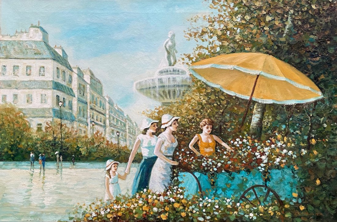 French Impressionist Paris Flower Market Scene, Signed: Oil on canvas 36 x 24 in.
