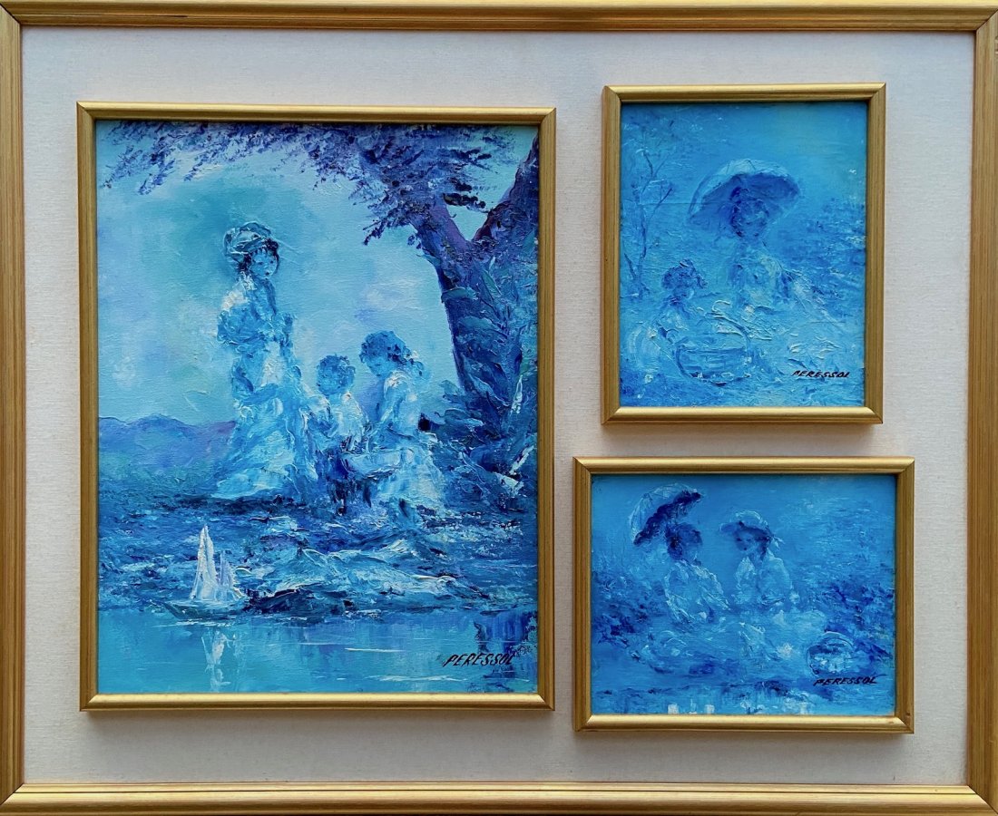 LUIS PERESSOL (b. 1927, Cuba) Triptych: 31 1/2 x 25 1/2 in. (framed). Oil on canvas
