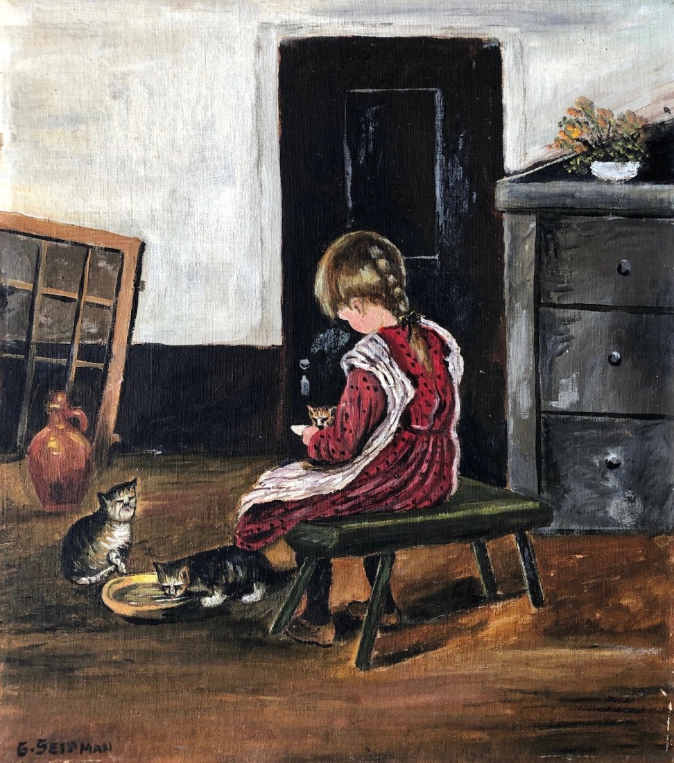 GEORGE SEIDMAN (1898-1973, American) Girl With Cats: Oil on board 16 x 14 in.