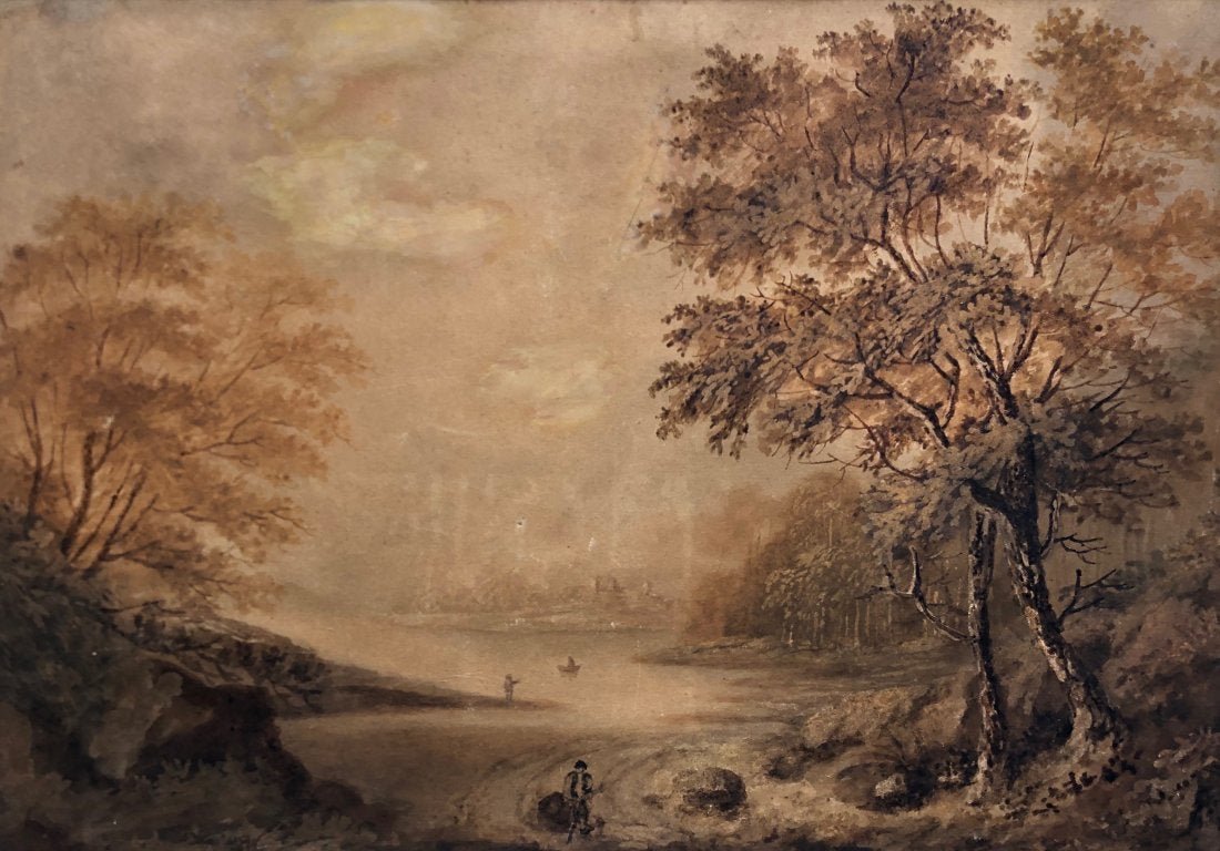 RICHARD WILSON (1713-1782, United Kingdom ) Landscape: Watercolor on paper. Signed, initially we did not see the signature but it is signed in lower left margin.. 16 3/4 x 11 1/2 in. Attributed or follower of Richard Wilson. Richard Wilson (1 August 1714 